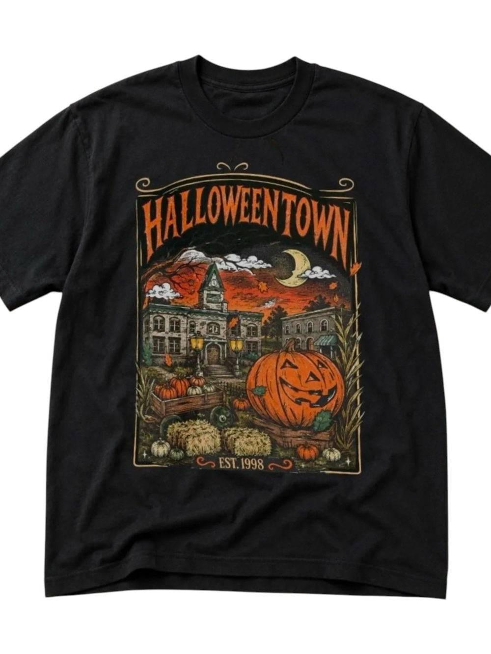 Halloweentown Est 1998 Nostalgic Spooky Pumpkin Fall Black Graphic Tee
